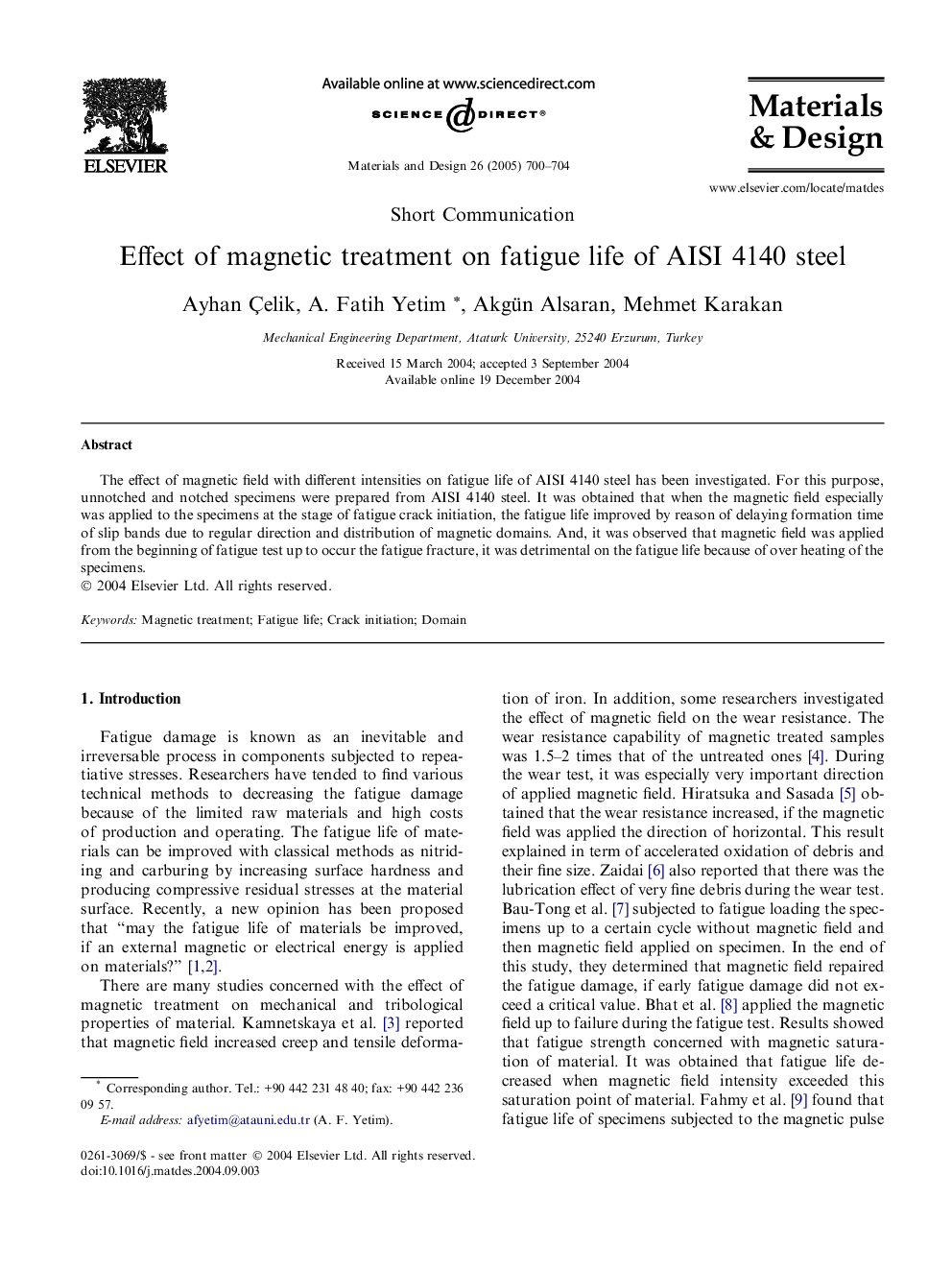 Effect of magnetic treatment on fatigue life of AISI 4140 steel