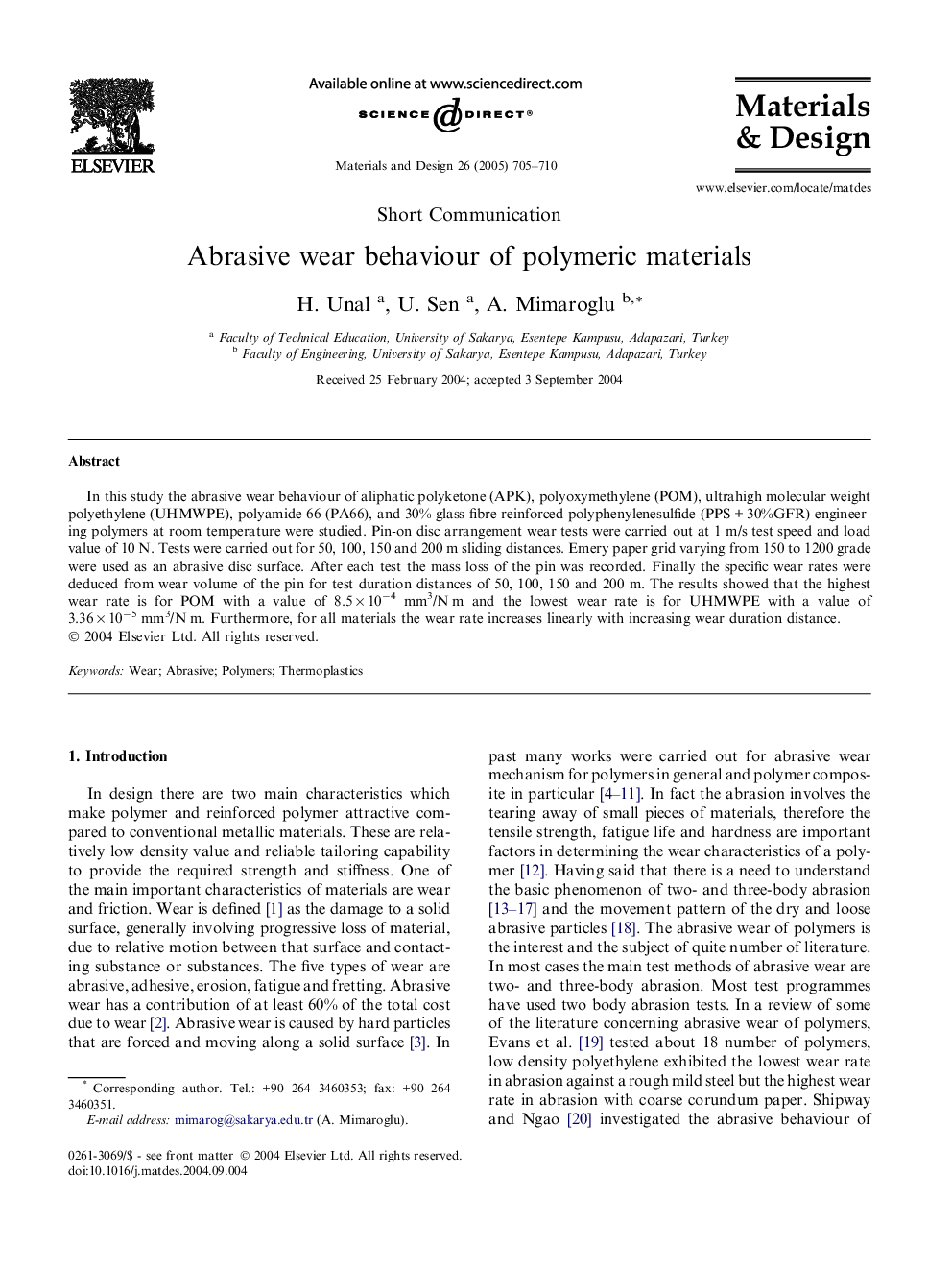 Abrasive wear behaviour of polymeric materials