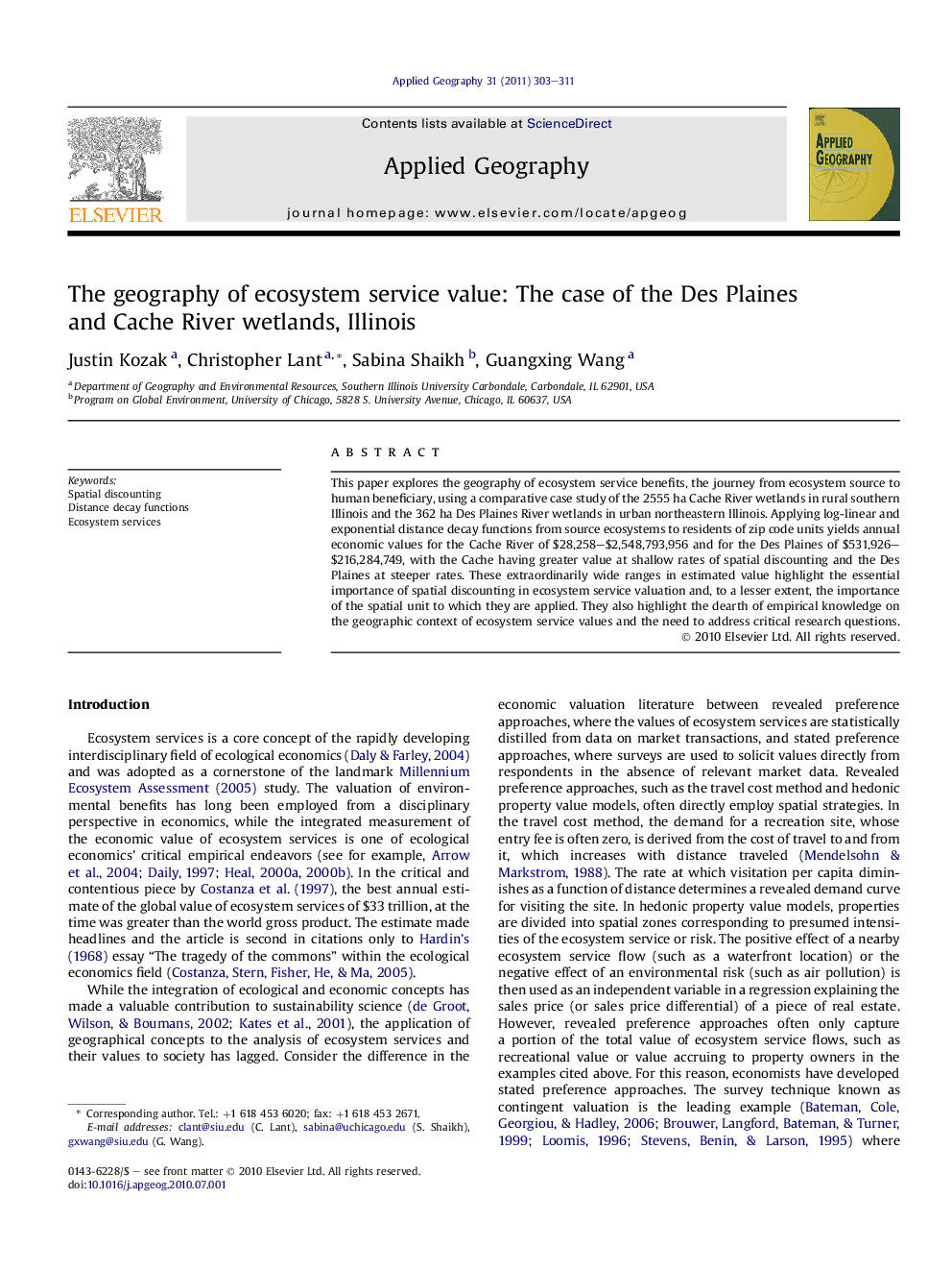 The geography of ecosystem service value: The case of the Des Plaines and Cache River wetlands, Illinois