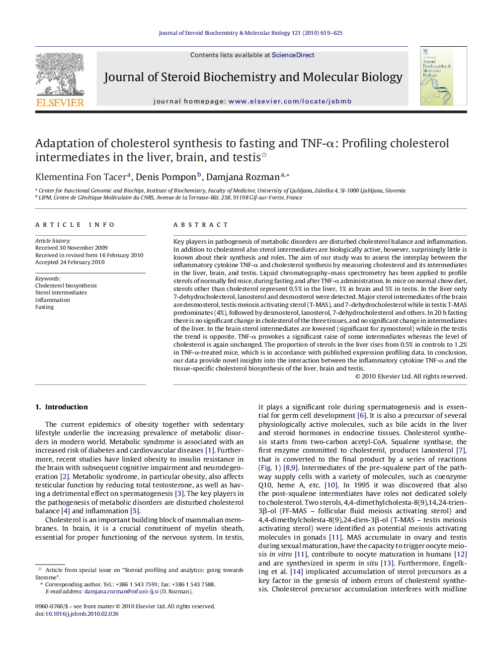Adaptation of cholesterol synthesis to fasting and TNF-Î±: Profiling cholesterol intermediates in the liver, brain, and testis