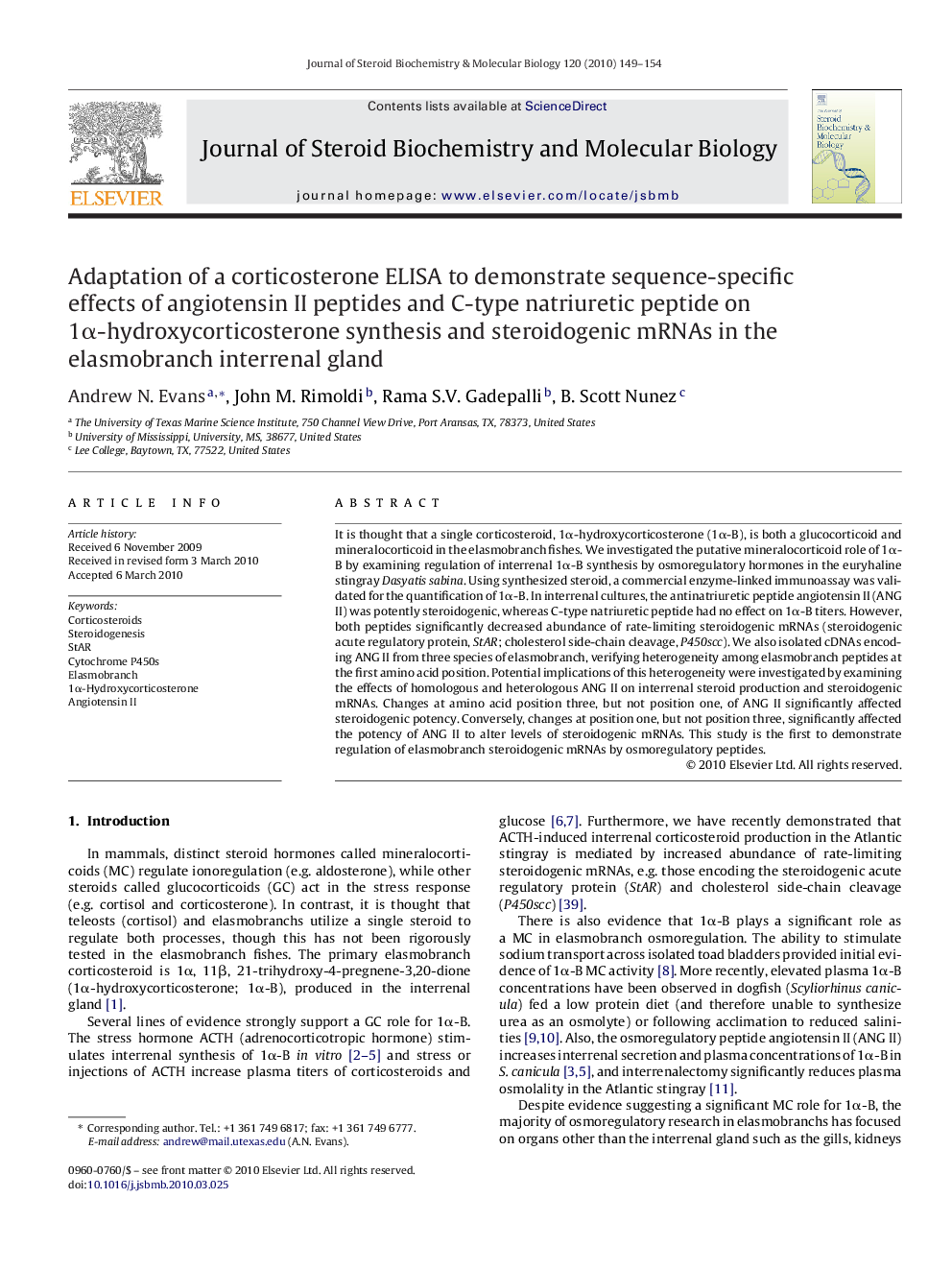 Adaptation of a corticosterone ELISA to demonstrate sequence-specific effects of angiotensin II peptides and C-type natriuretic peptide on 1Î±-hydroxycorticosterone synthesis and steroidogenic mRNAs in the elasmobranch interrenal gland