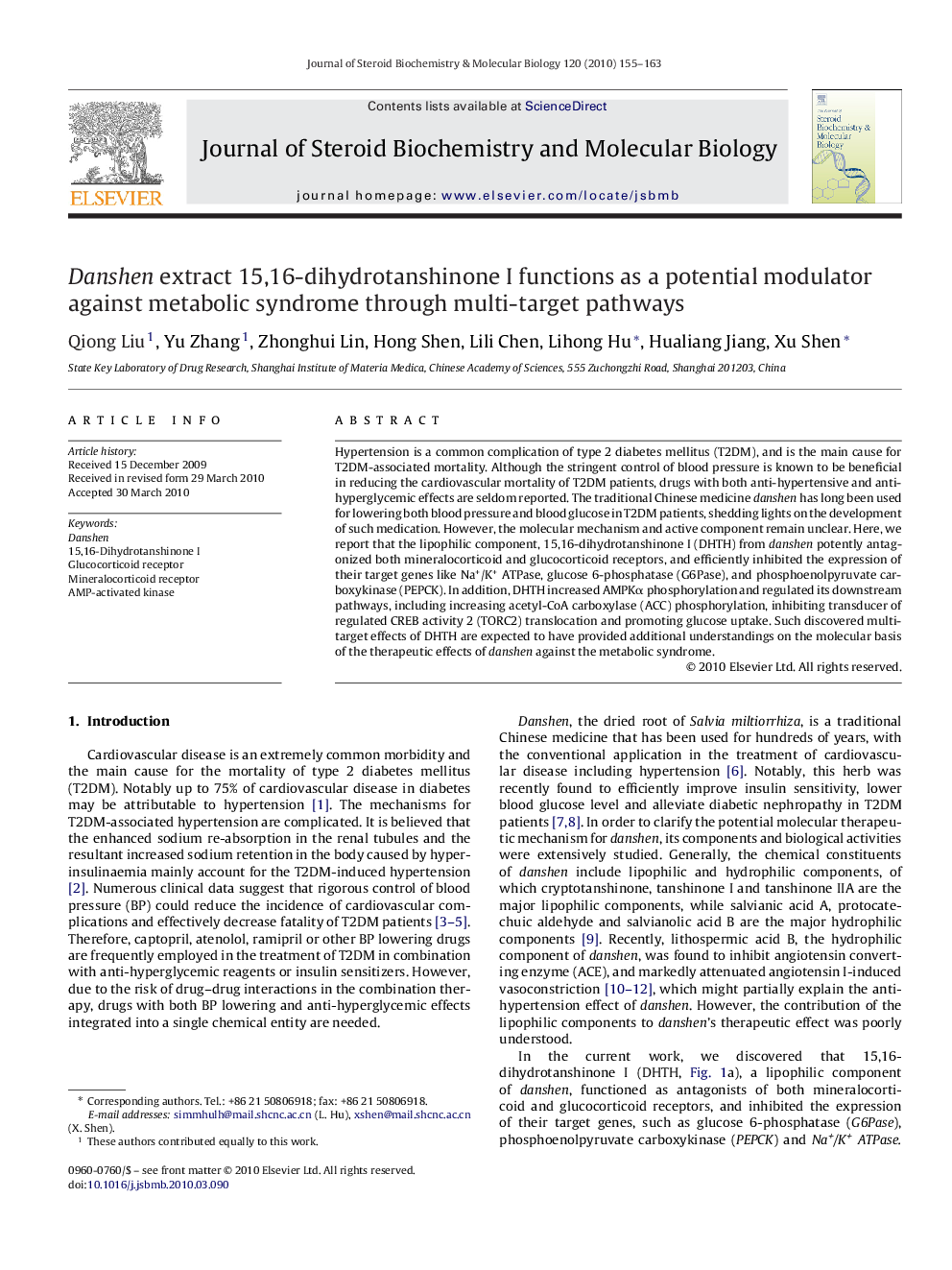 Danshen extract 15,16-dihydrotanshinone I functions as a potential modulator against metabolic syndrome through multi-target pathways