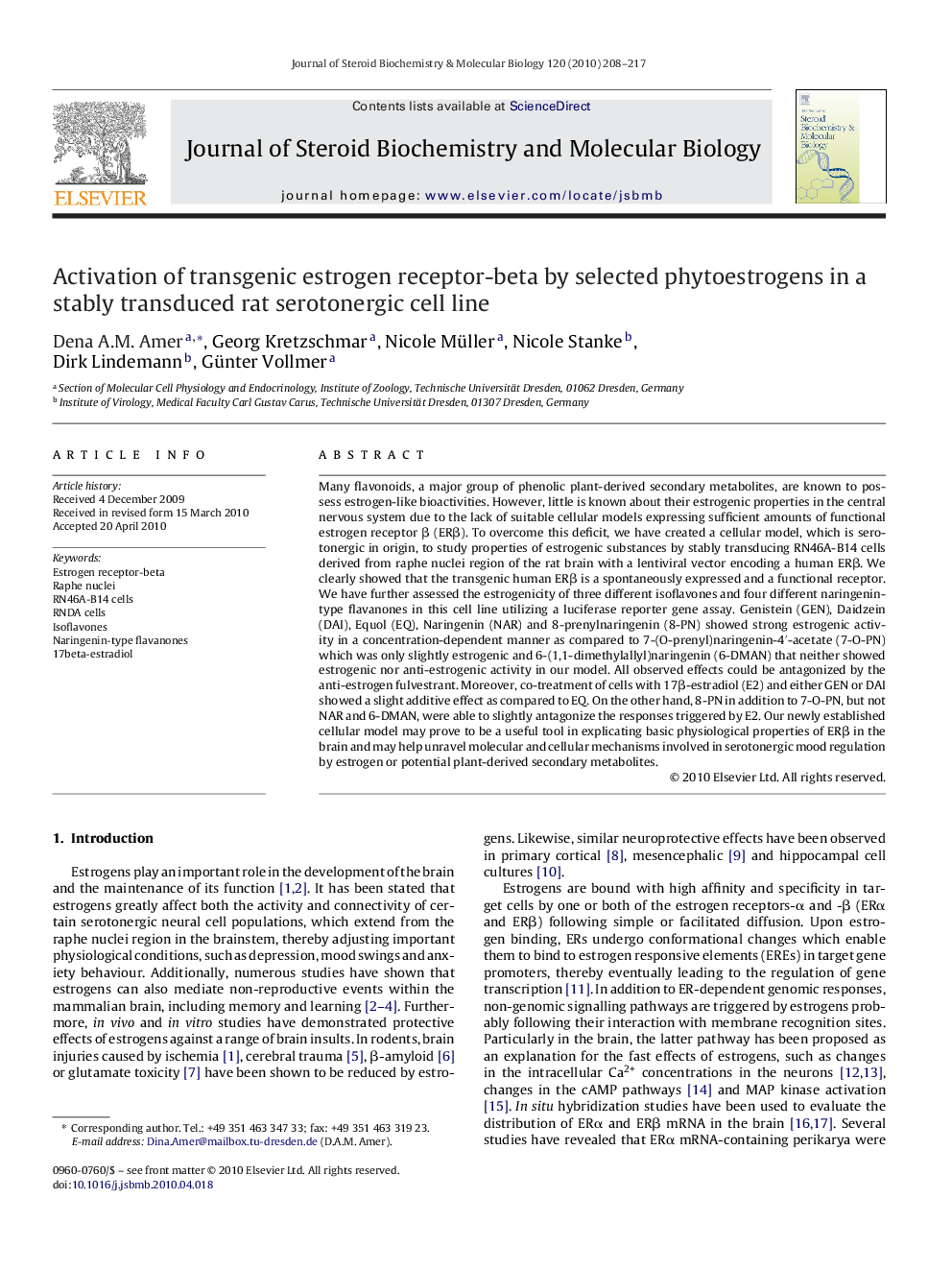 Activation of transgenic estrogen receptor-beta by selected phytoestrogens in a stably transduced rat serotonergic cell line