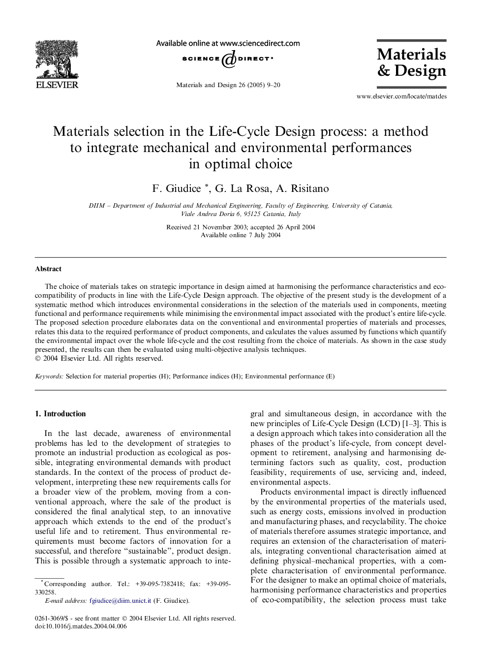 Materials selection in the Life-Cycle Design process: a method to integrate mechanical and environmental performances in optimal choice