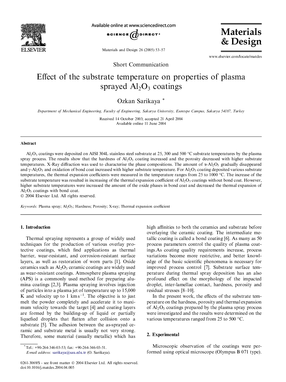 Effect of the substrate temperature on properties of plasma sprayed Al2O3 coatings