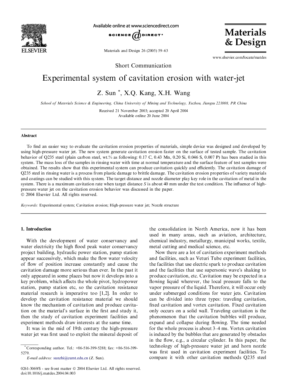 Experimental system of cavitation erosion with water-jet