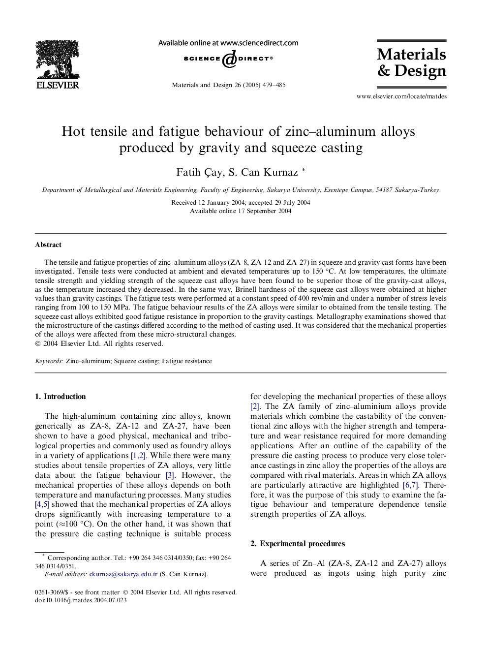 Hot tensile and fatigue behaviour of zinc–aluminum alloys produced by gravity and squeeze casting