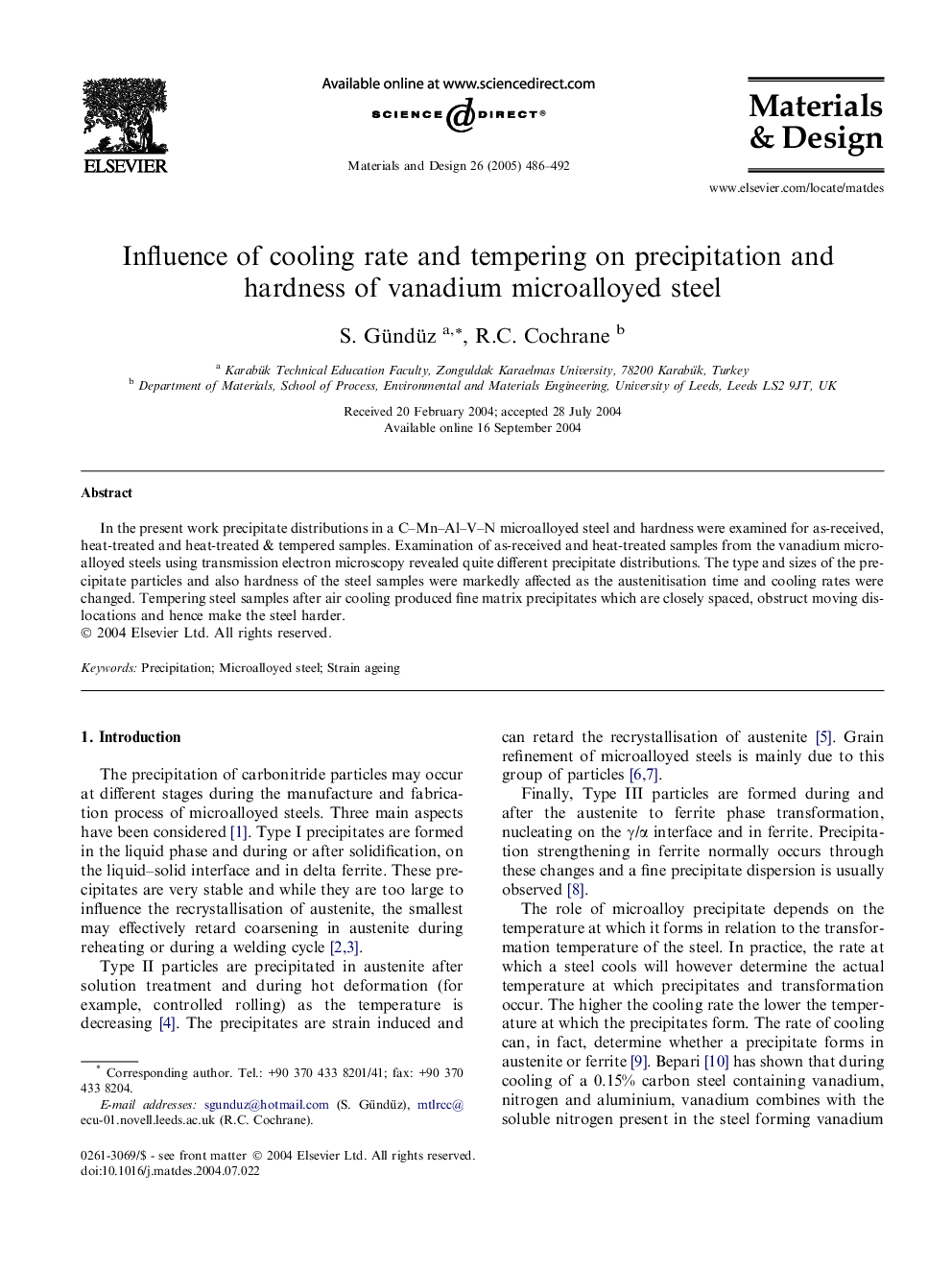 Influence of cooling rate and tempering on precipitation and hardness of vanadium microalloyed steel