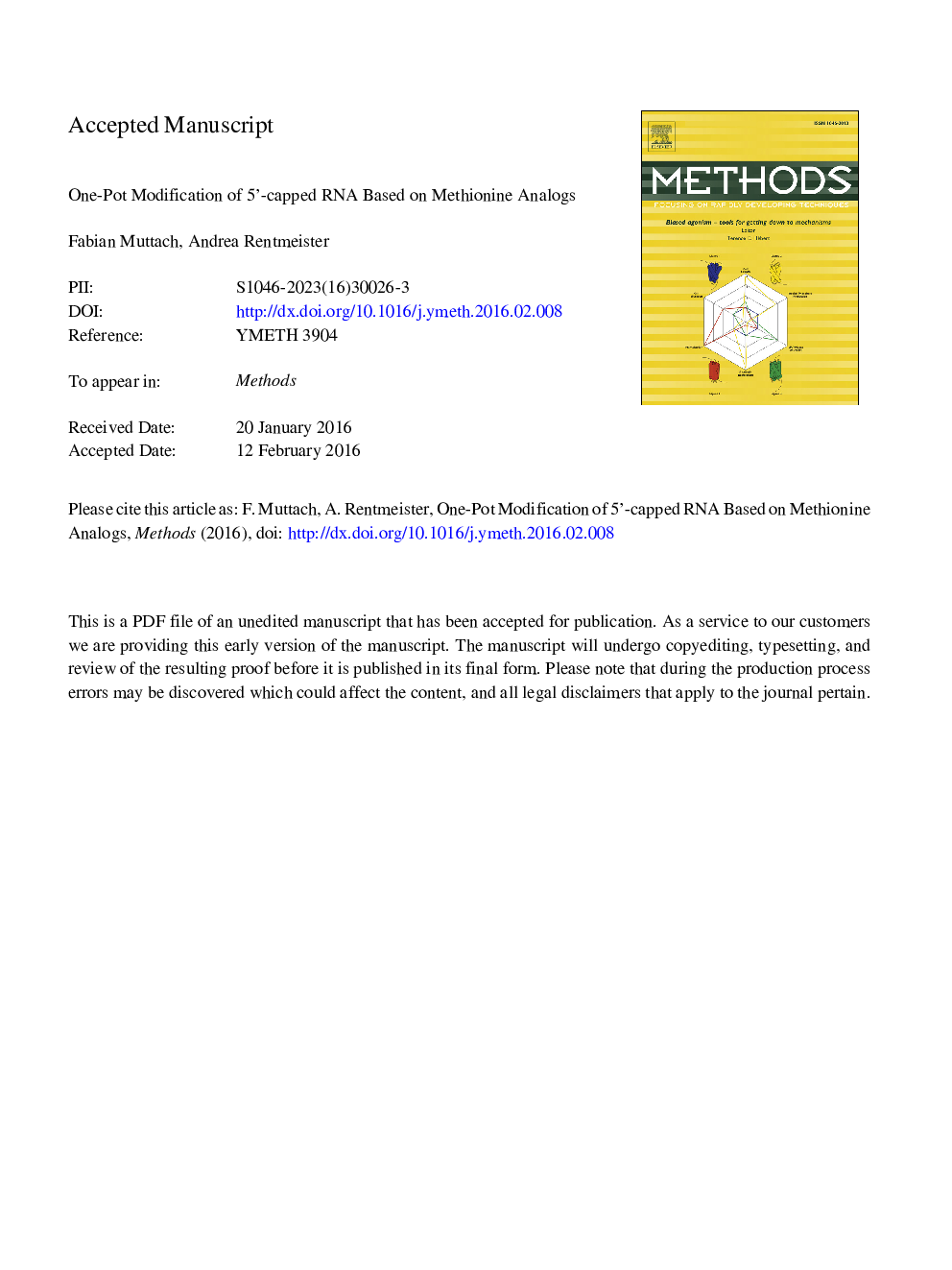 One-pot modification of 5â²-capped RNA based on methionine analogs