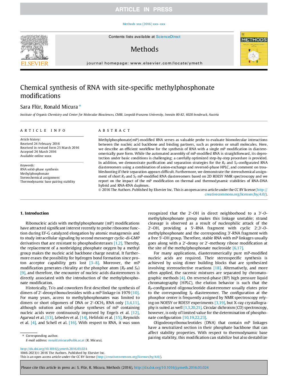 عکس صفحه اول مقاله: Chemical synthesis of RNA with site-specific methylphosphonate modifications Chemical synthesis of RNA with site-specific methylphosphonate modifications
