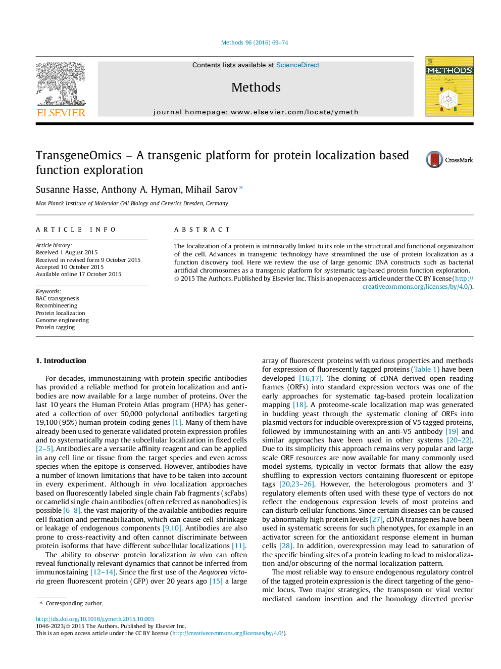 TransgeneOmics - A transgenic platform for protein localization based function exploration