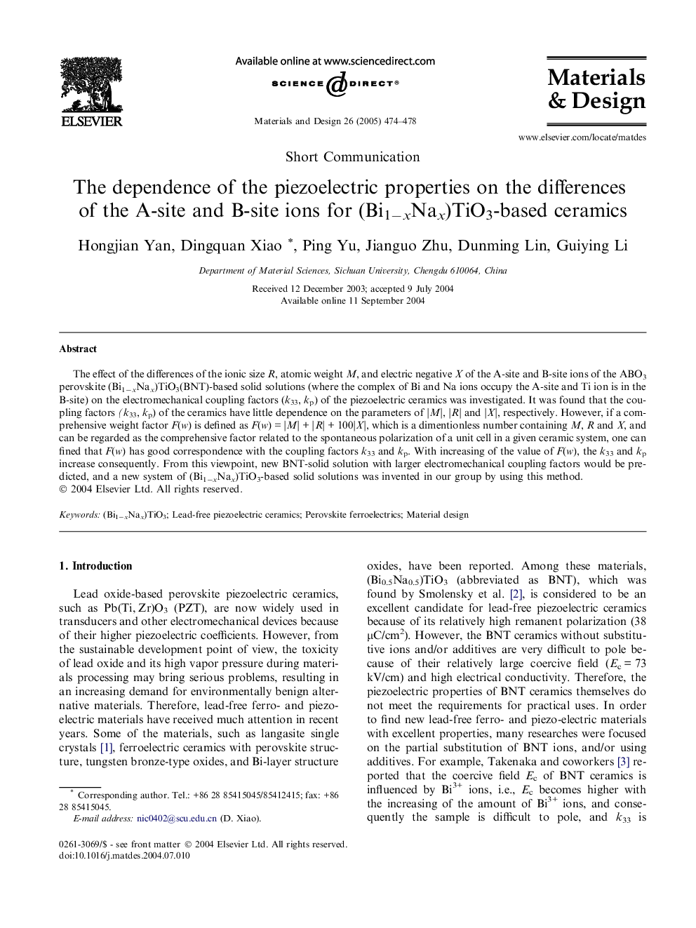 The dependence of the piezoelectric properties on the differences of the A-site and B-site ions for (Bi1−xNax)TiO3-based ceramics