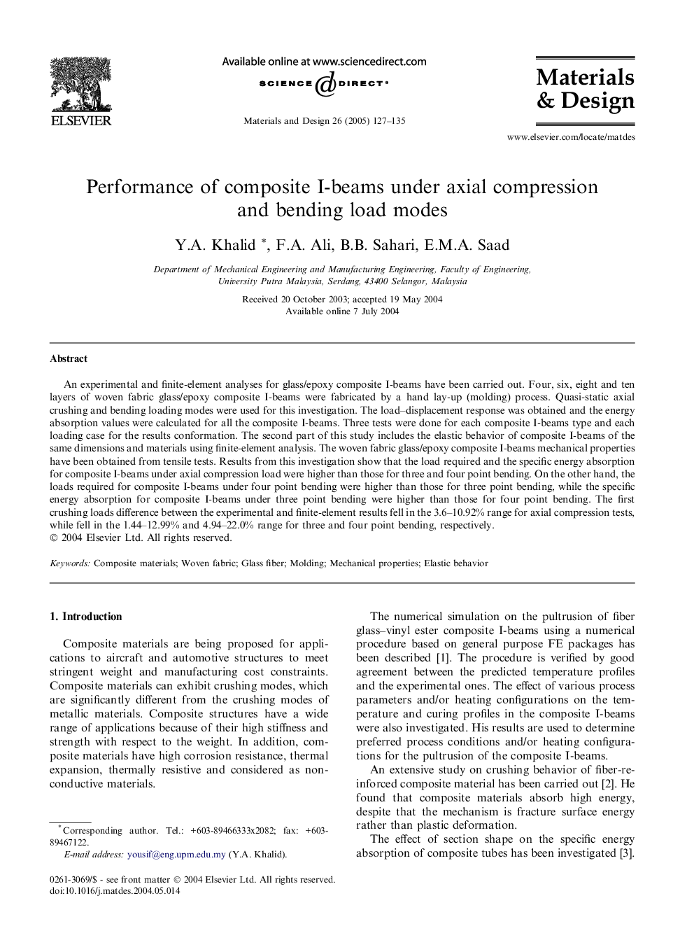 Performance of composite I-beams under axial compression and bending load modes