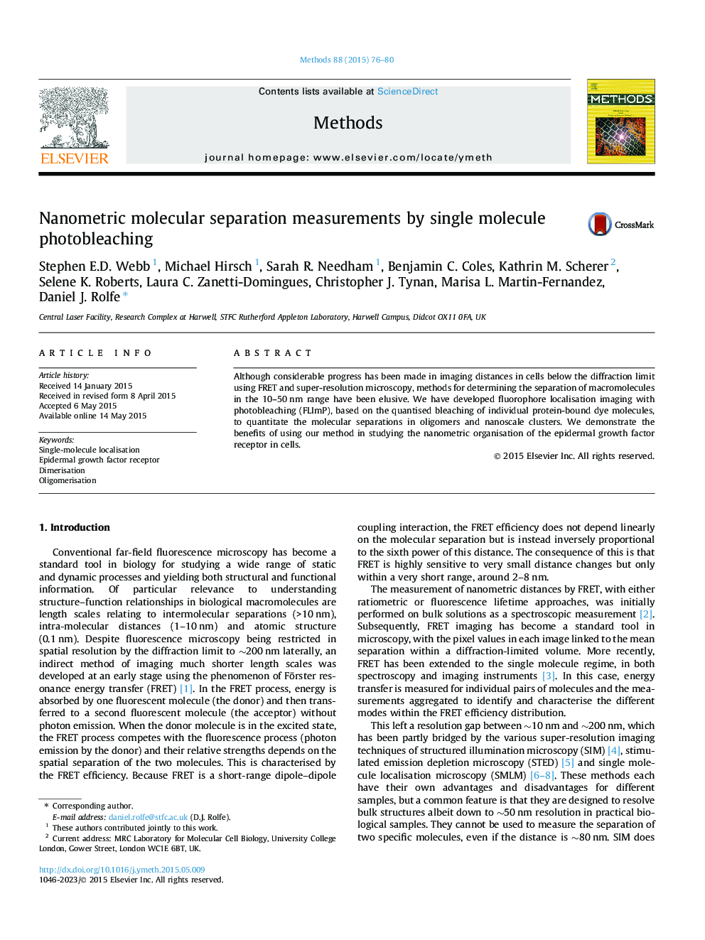 Nanometric molecular separation measurements by single molecule photobleaching