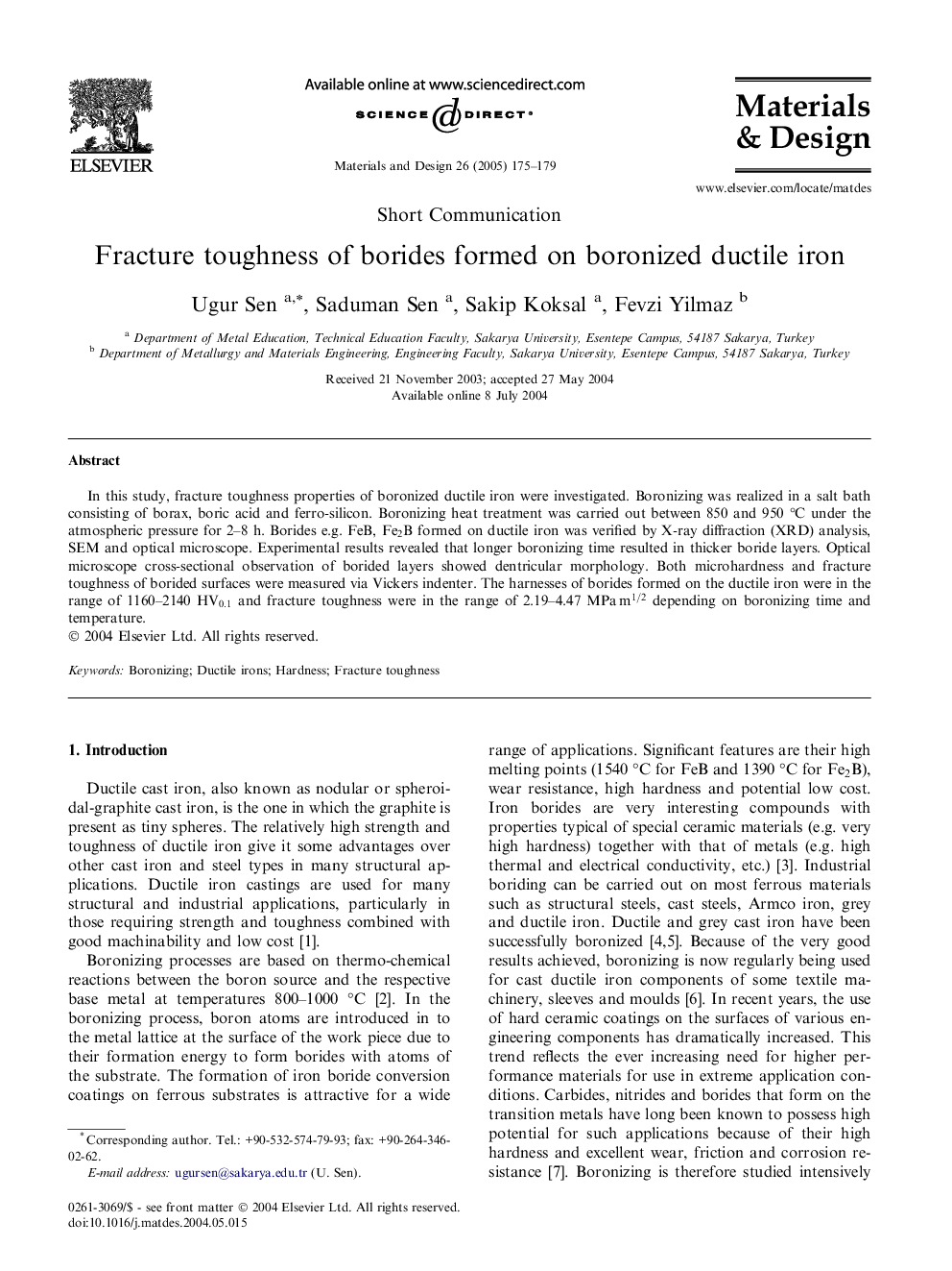 Fracture toughness of borides formed on boronized ductile iron