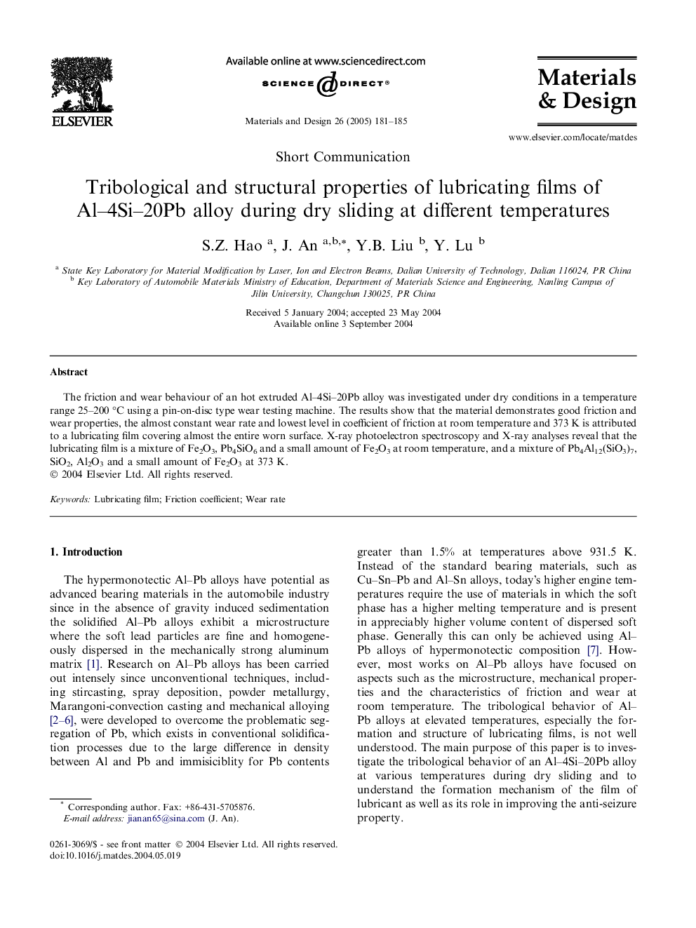 Tribological and structural properties of lubricating films of Al–4Si–20Pb alloy during dry sliding at different temperatures