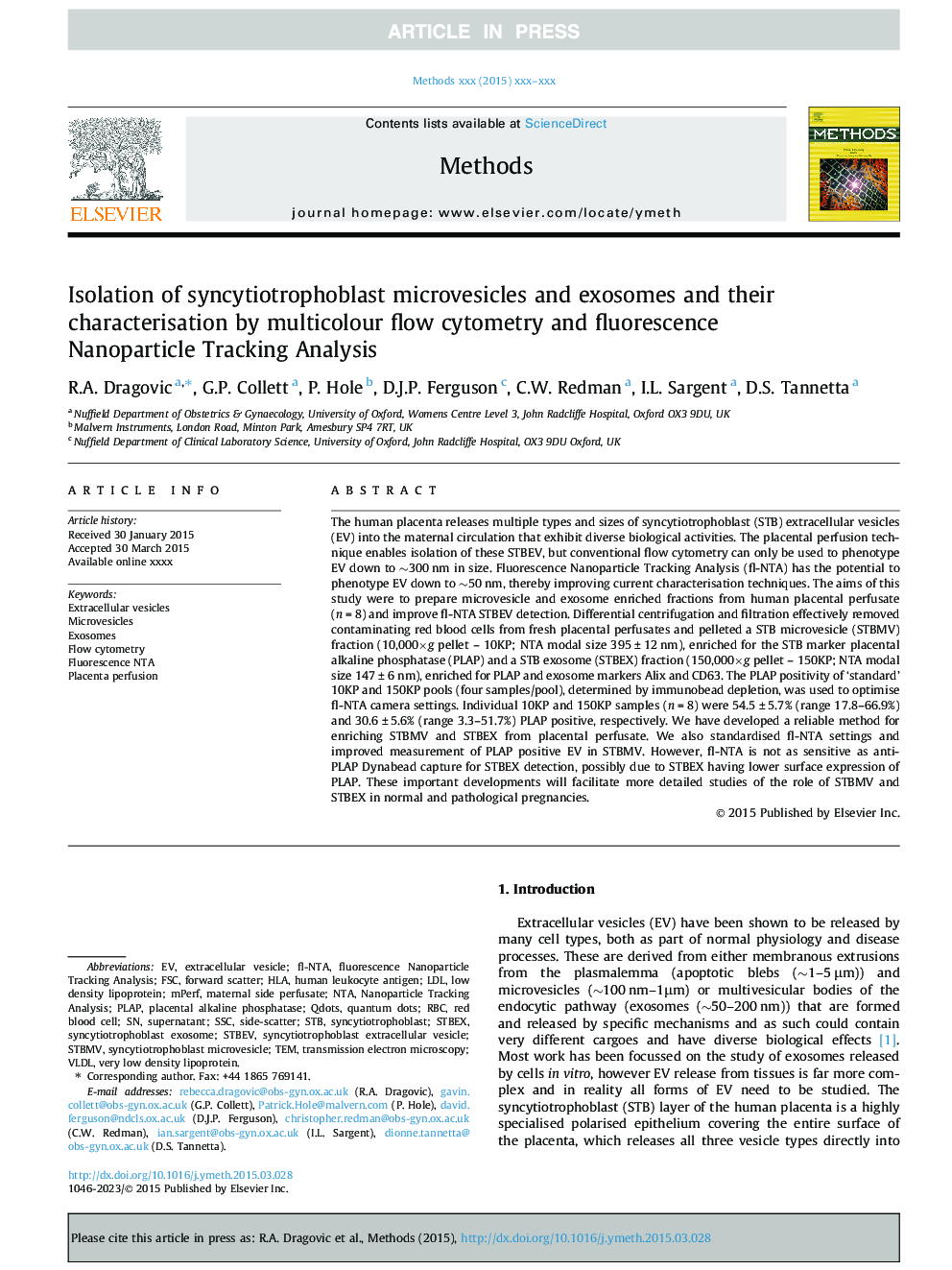 Isolation of syncytiotrophoblast microvesicles and exosomes and their characterisation by multicolour flow cytometry and fluorescence Nanoparticle Tracking Analysis