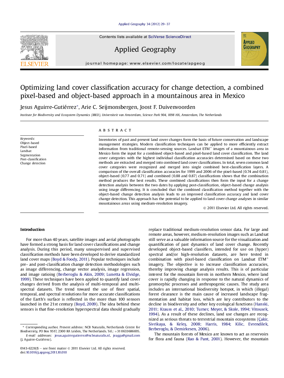 Optimizing land cover classification accuracy for change detection, a combined pixel-based and object-based approach in a mountainous area in Mexico