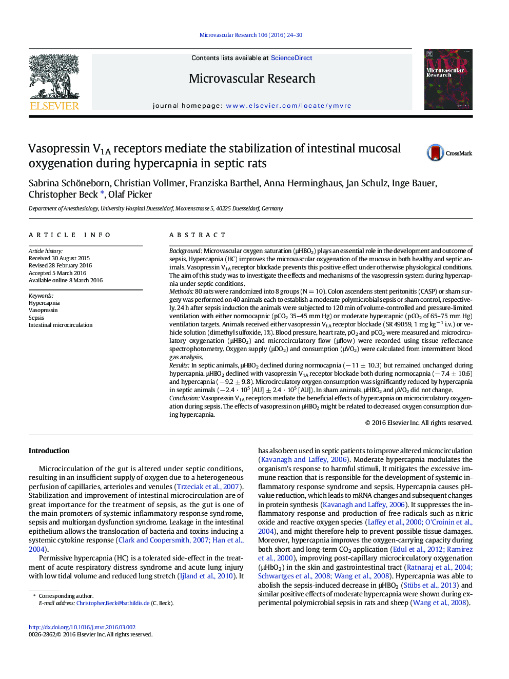 Vasopressin V1A receptors mediate the stabilization of intestinal mucosal oxygenation during hypercapnia in septic rats