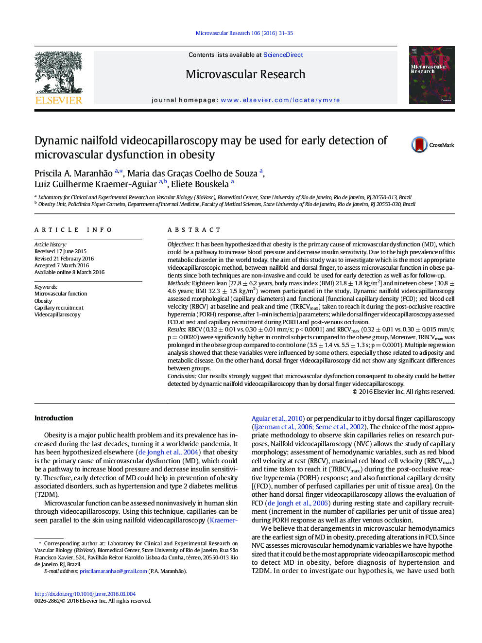 Dynamic nailfold videocapillaroscopy may be used for early detection of microvascular dysfunction in obesity