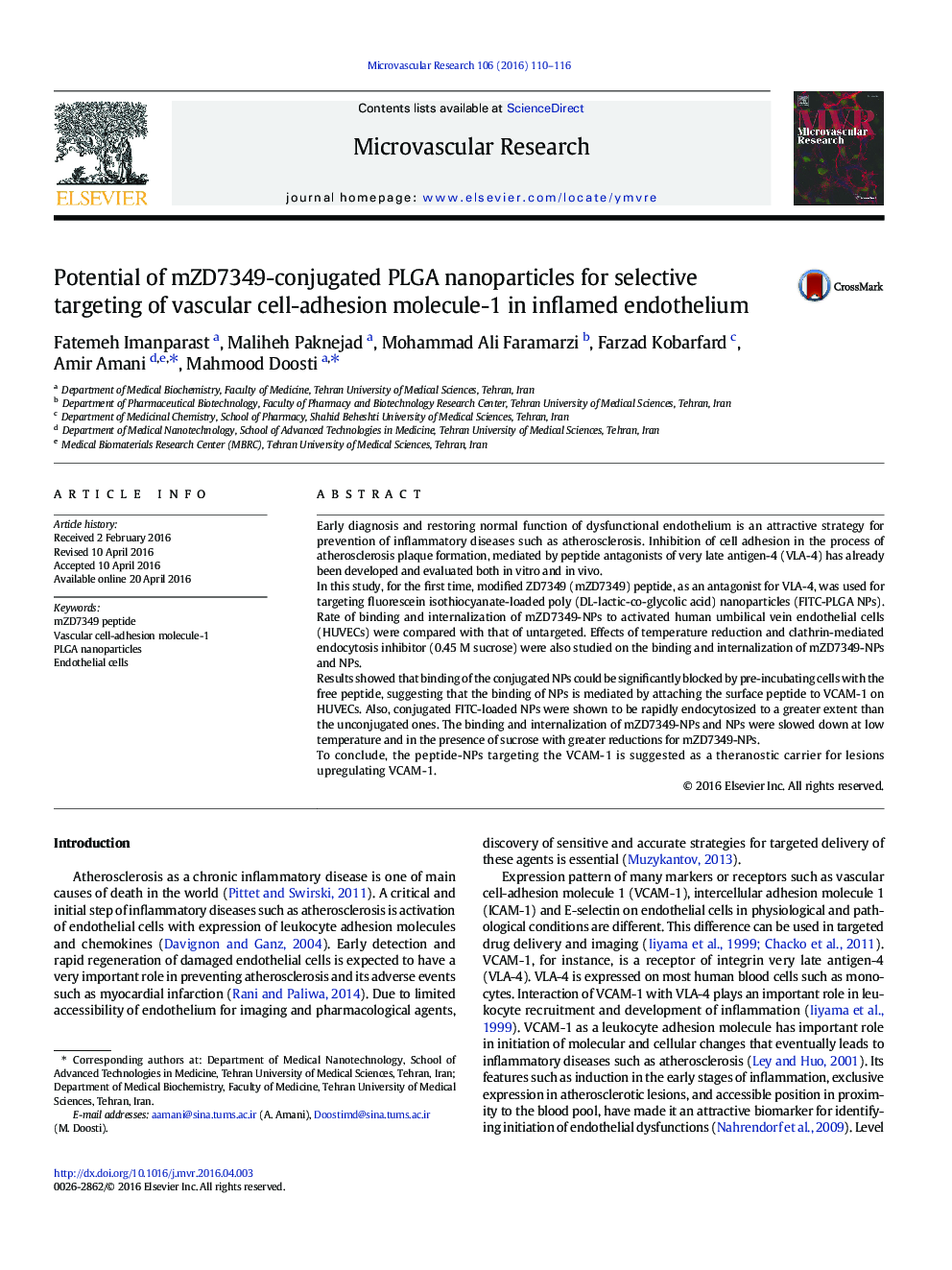 Potential of mZD7349-conjugated PLGA nanoparticles for selective targeting of vascular cell-adhesion molecule-1 in inflamed endothelium