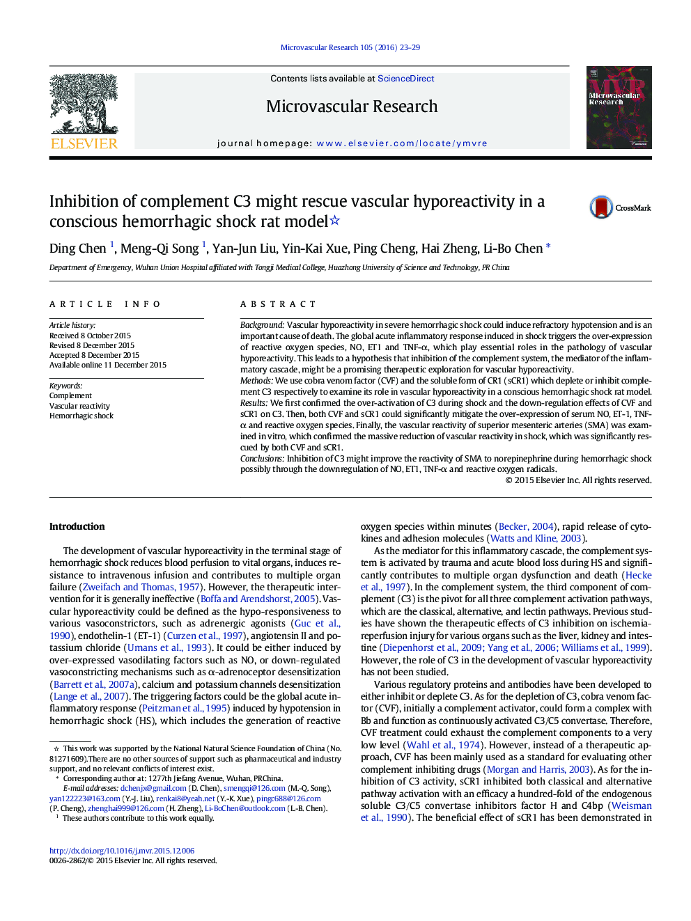 Inhibition of complement C3 might rescue vascular hyporeactivity in a conscious hemorrhagic shock rat model