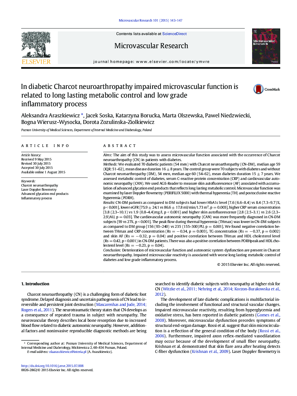 In diabetic Charcot neuroarthropathy impaired microvascular function is related to long lasting metabolic control and low grade inflammatory process