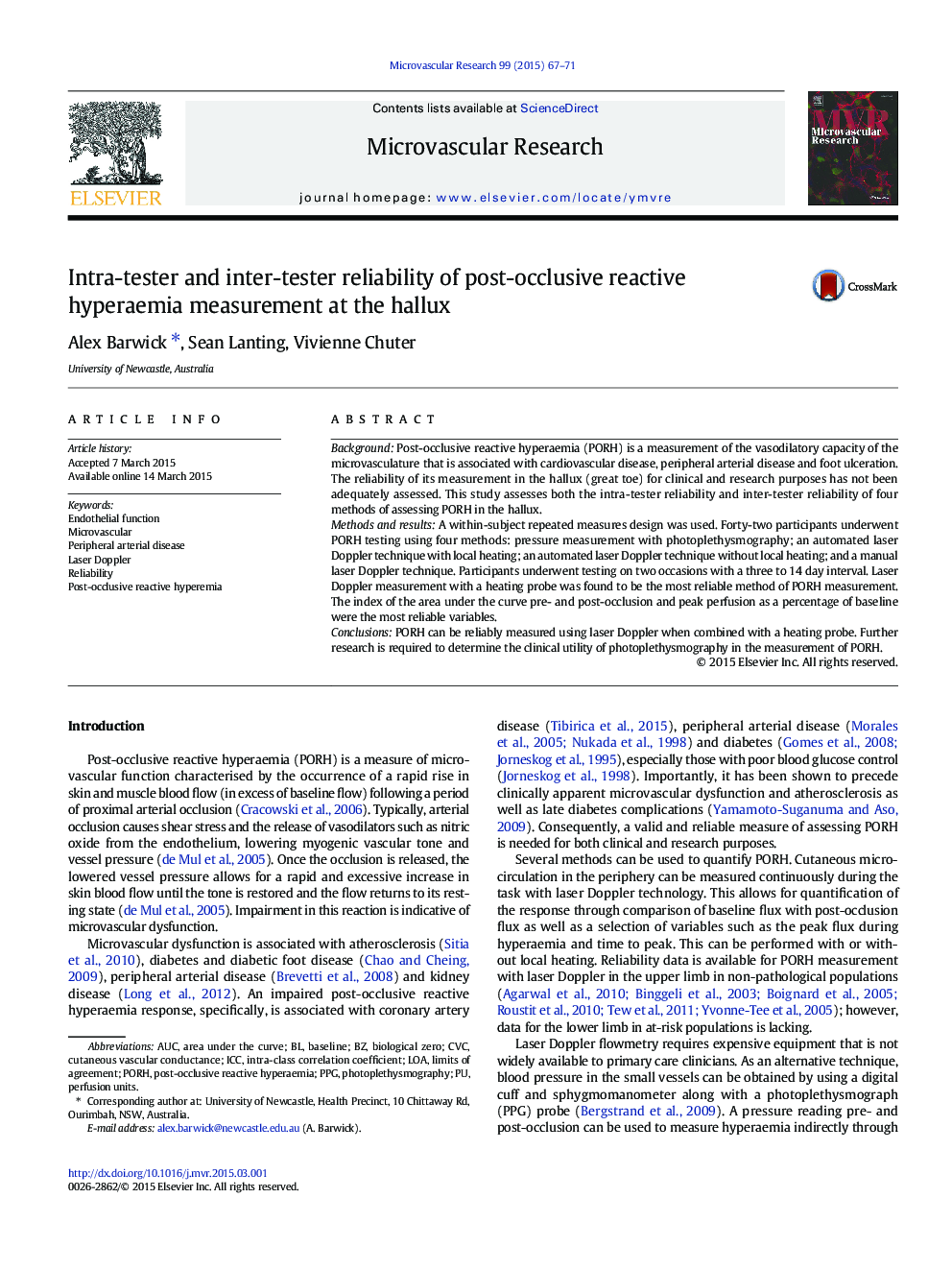 Intra-tester and inter-tester reliability of post-occlusive reactive hyperaemia measurement at the hallux