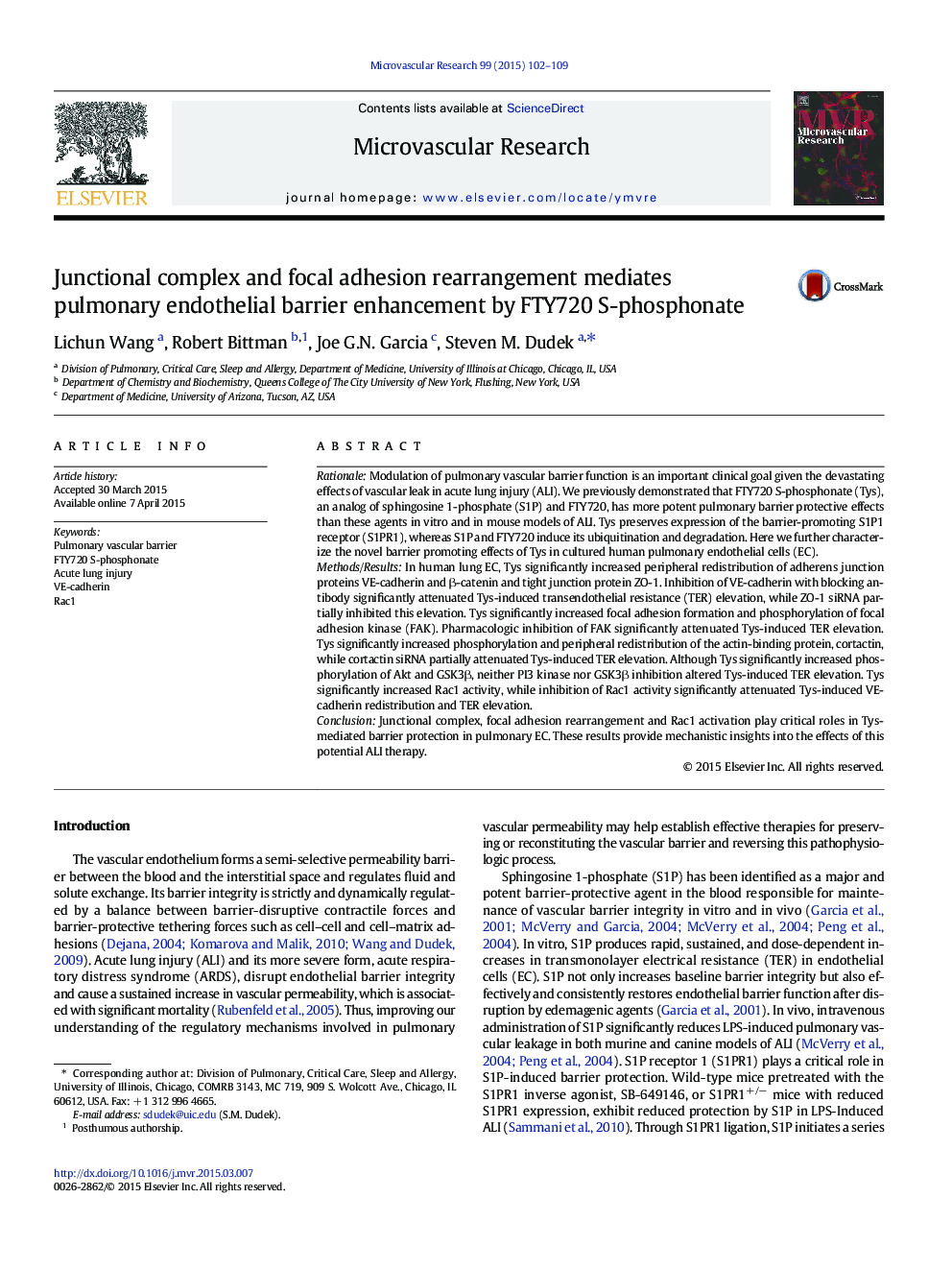 Junctional complex and focal adhesion rearrangement mediates pulmonary endothelial barrier enhancement by FTY720 S-phosphonate