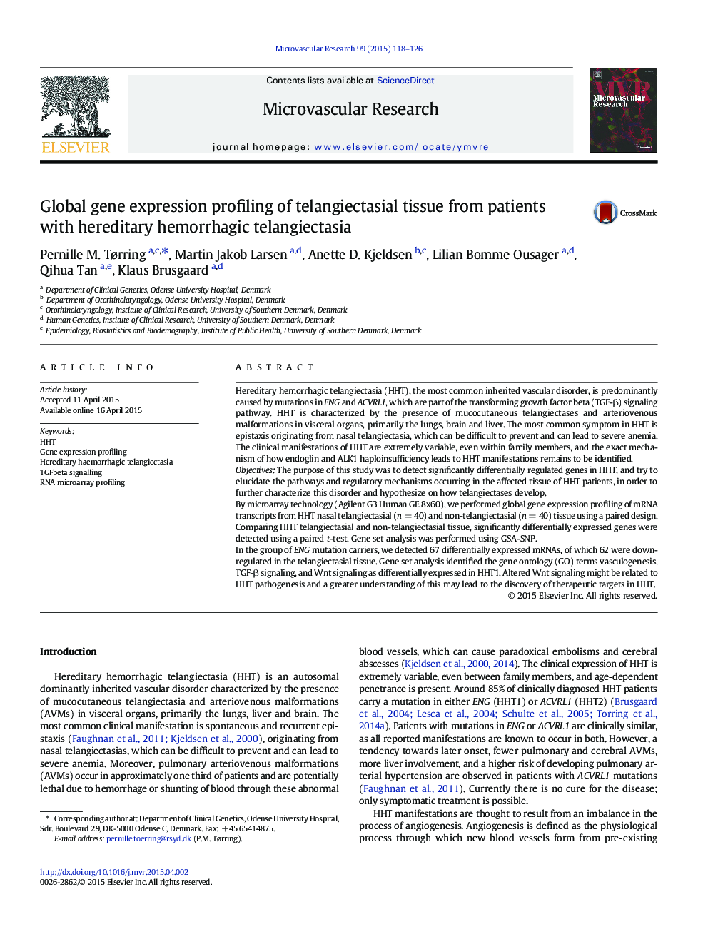 Global gene expression profiling of telangiectasial tissue from patients with hereditary hemorrhagic telangiectasia