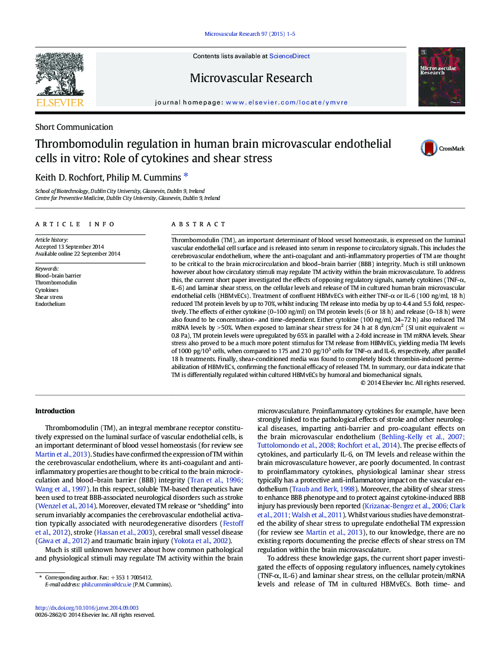 Thrombomodulin regulation in human brain microvascular endothelial cells in vitro: Role of cytokines and shear stress