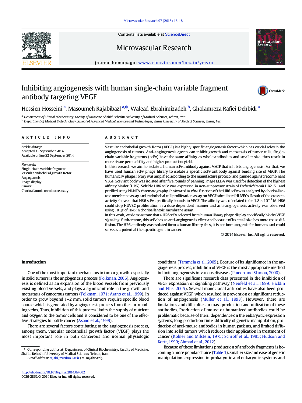 Inhibiting angiogenesis with human single-chain variable fragment antibody targeting VEGF