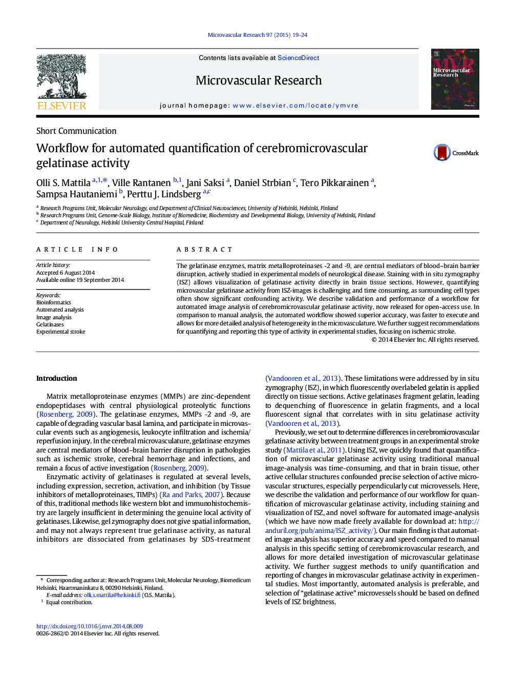 Workflow for automated quantification of cerebromicrovascular gelatinase activity