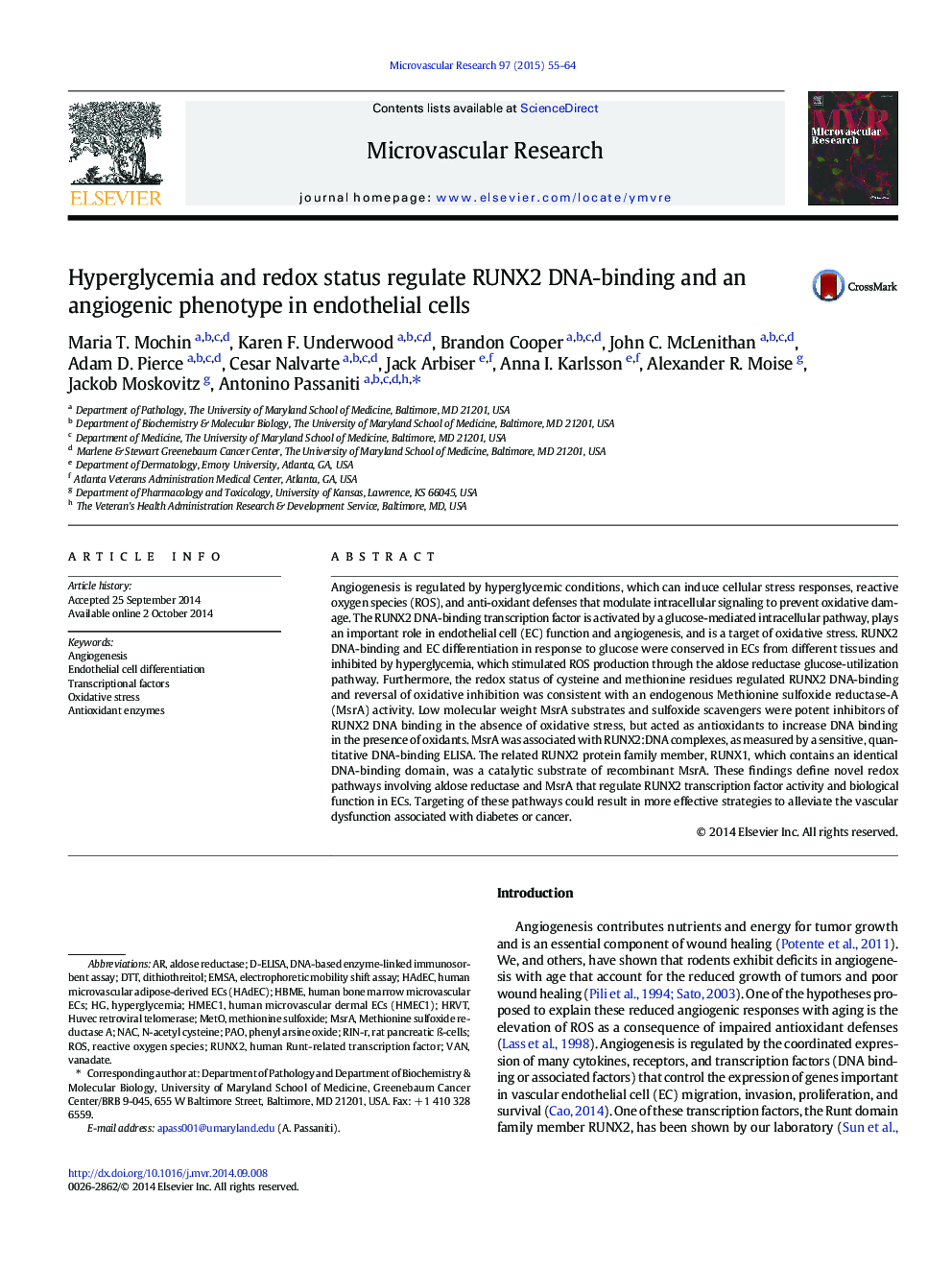 Hyperglycemia and redox status regulate RUNX2 DNA-binding and an angiogenic phenotype in endothelial cells