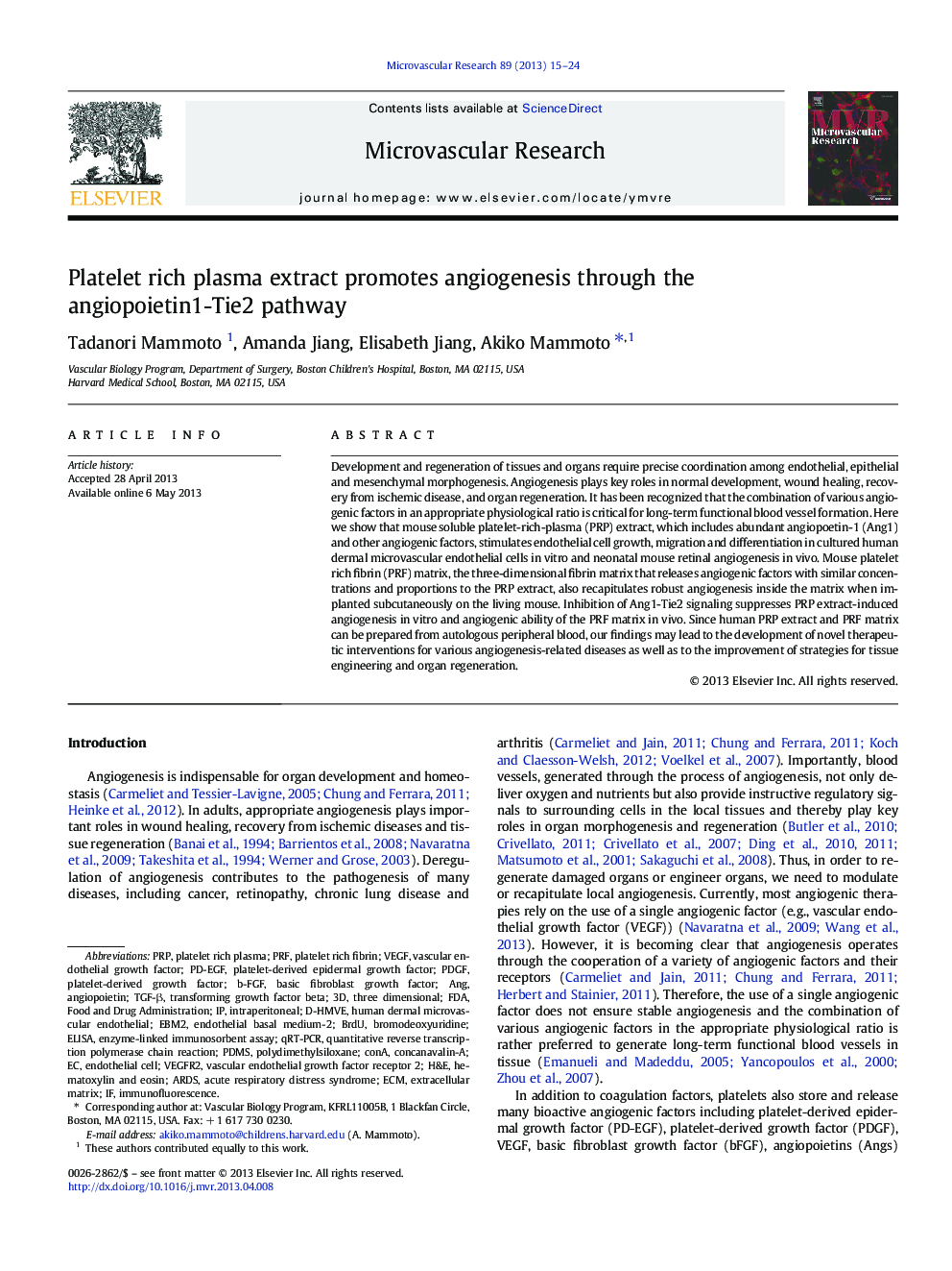 Platelet rich plasma extract promotes angiogenesis through the angiopoietin1-Tie2 pathway