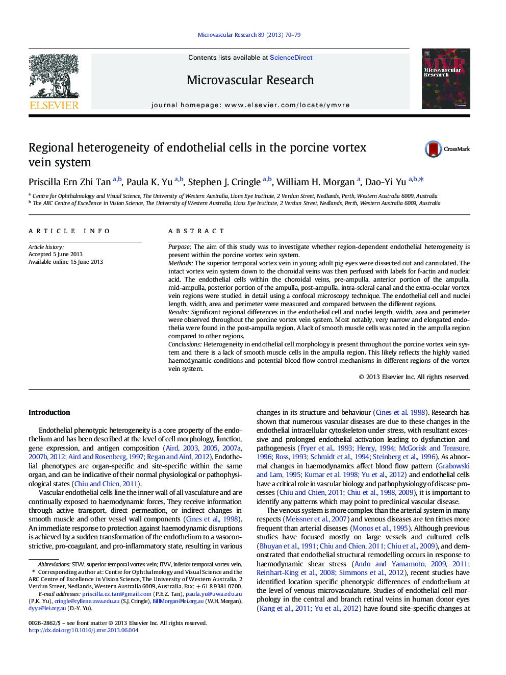 Regional heterogeneity of endothelial cells in the porcine vortex vein system