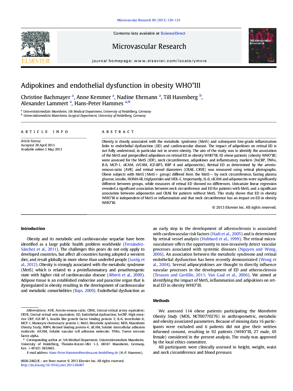 Adipokines and endothelial dysfunction in obesity WHOÂ°III