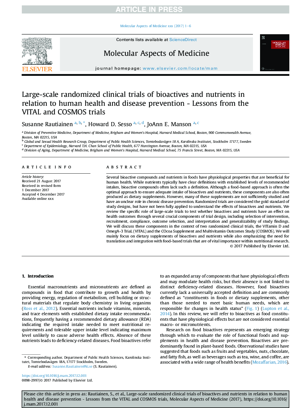 Large-scale randomized clinical trials of bioactives and nutrients in relation to human health and disease prevention - Lessons from the VITAL and COSMOS trials