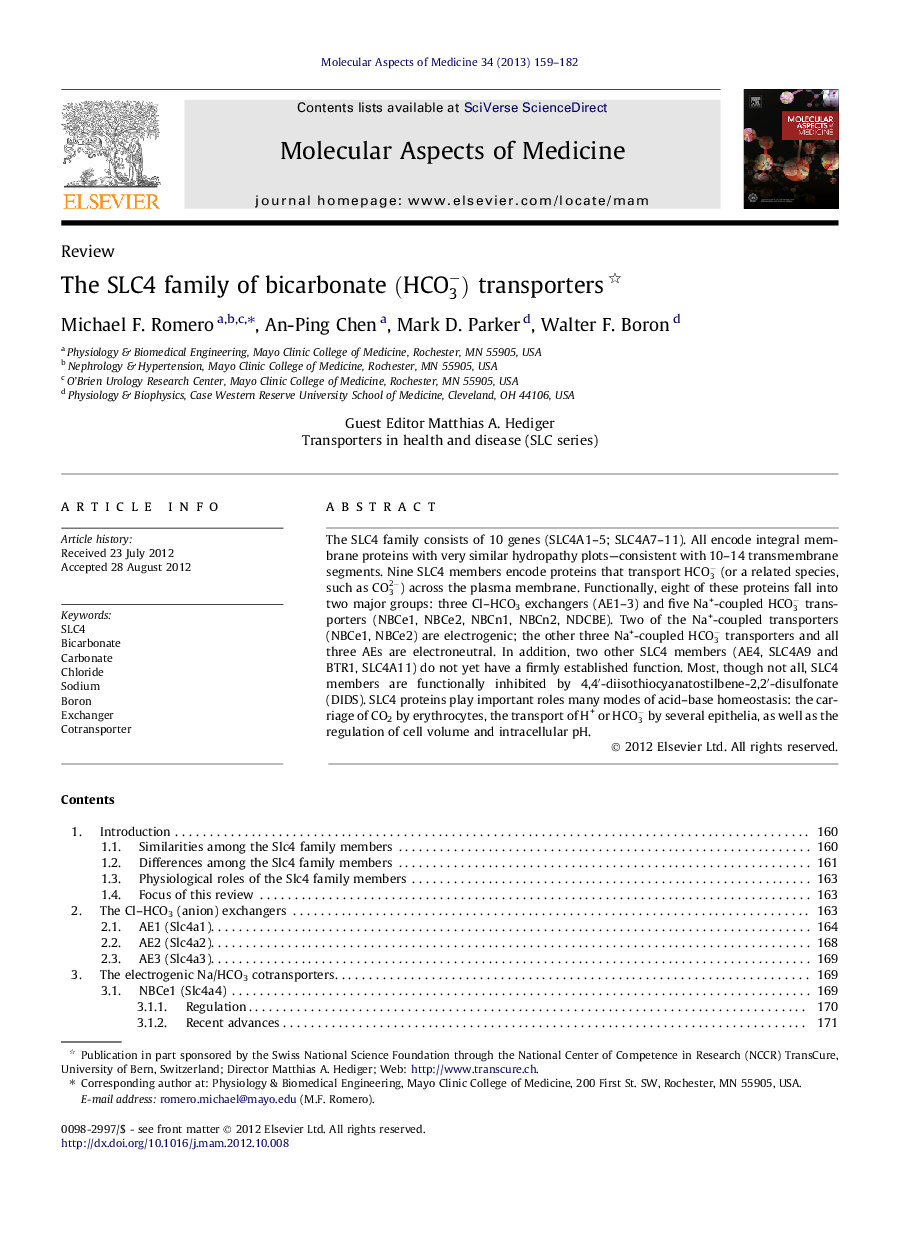 The SLC4 family of bicarbonate (HCO3-) transporters