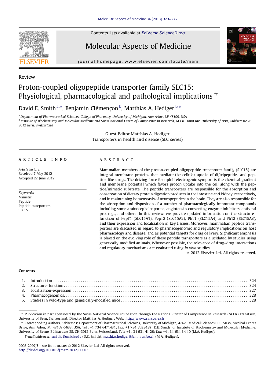 Proton-coupled oligopeptide transporter family SLC15: Physiological, pharmacological and pathological implications