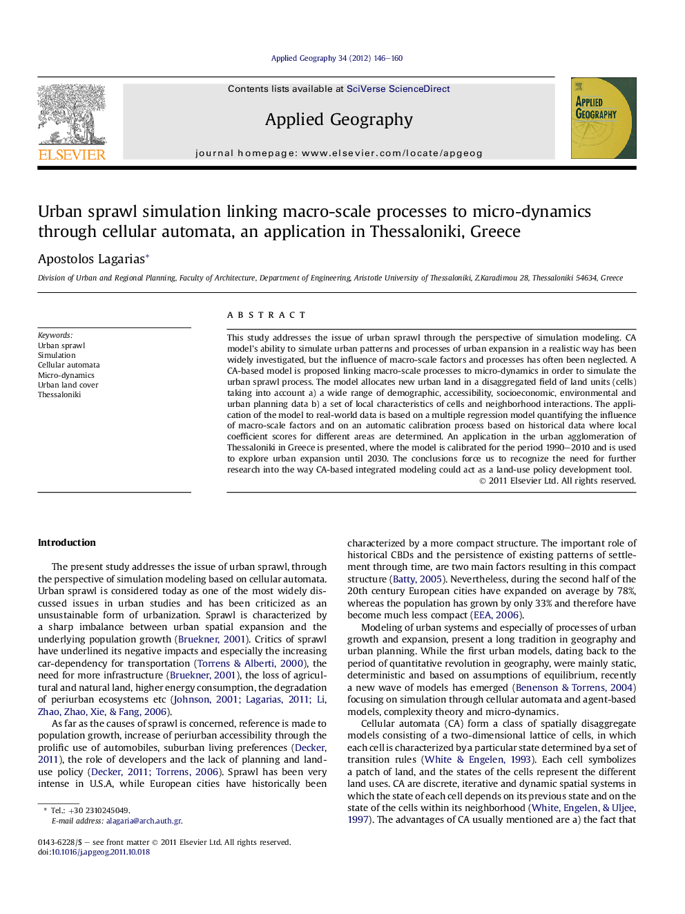 Urban sprawl simulation linking macro-scale processes to micro-dynamics through cellular automata, an application in Thessaloniki, Greece