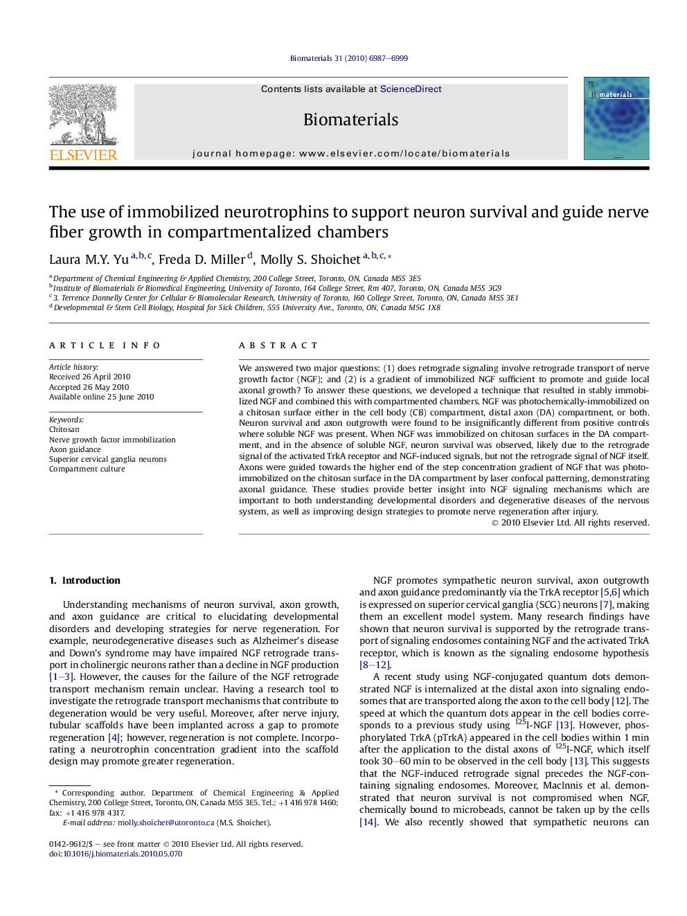 The use of immobilized neurotrophins to support neuron survival and guide nerve fiber growth in compartmentalized chambers