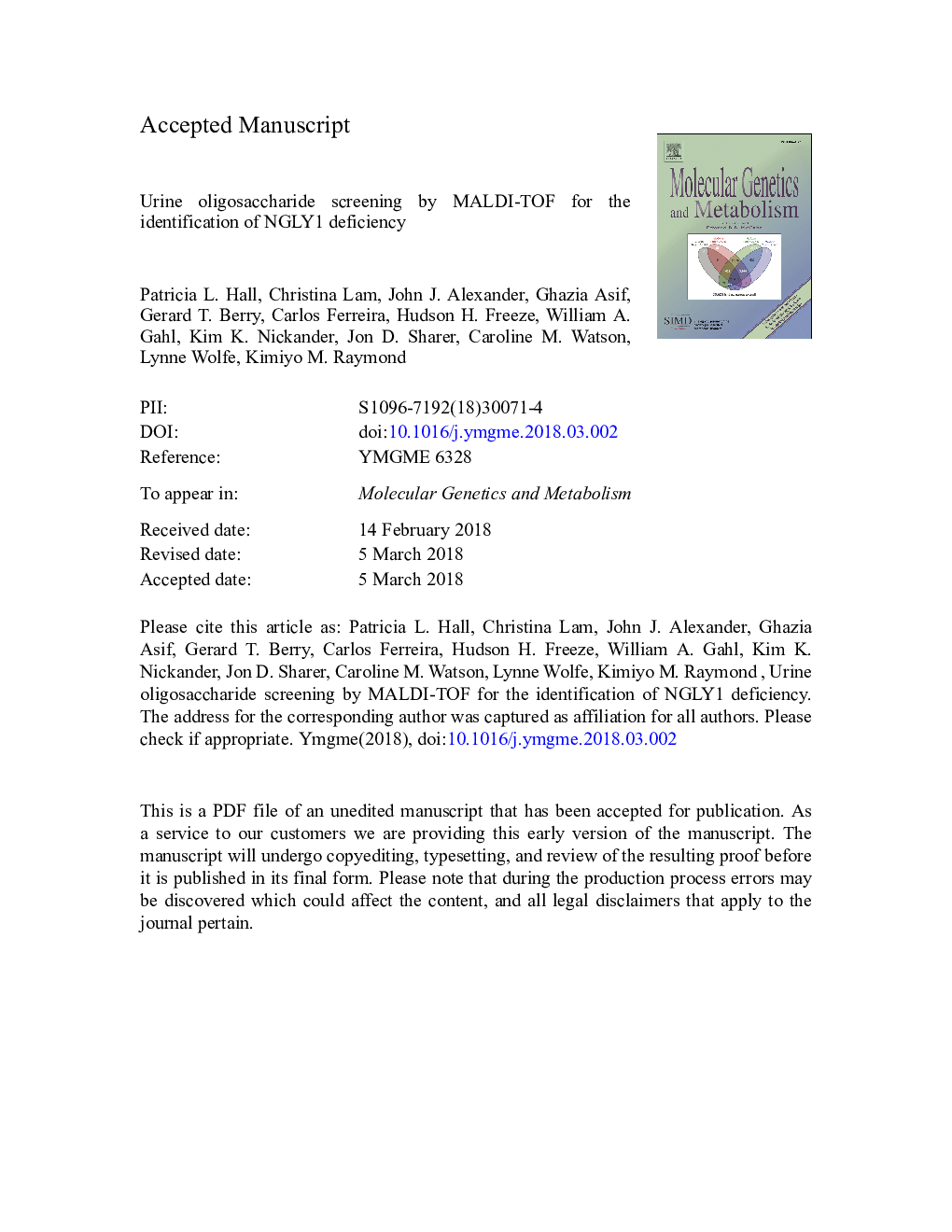 Urine oligosaccharide screening by MALDI-TOF for the identification of NGLY1 deficiency