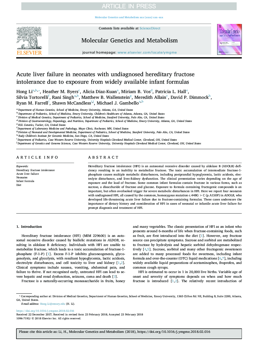 Acute liver failure in neonates with undiagnosed hereditary fructose intolerance due to exposure from widely available infant formulas