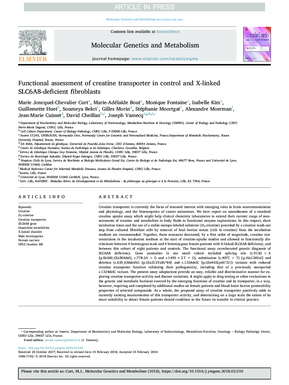 Functional assessment of creatine transporter in control and X-linked SLC6A8-deficient fibroblasts