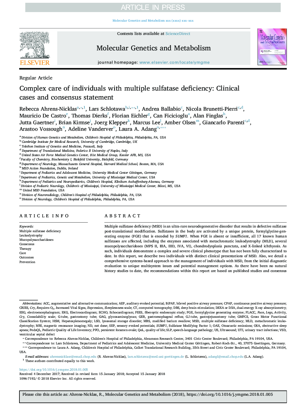 Complex care of individuals with multiple sulfatase deficiency: Clinical cases and consensus statement