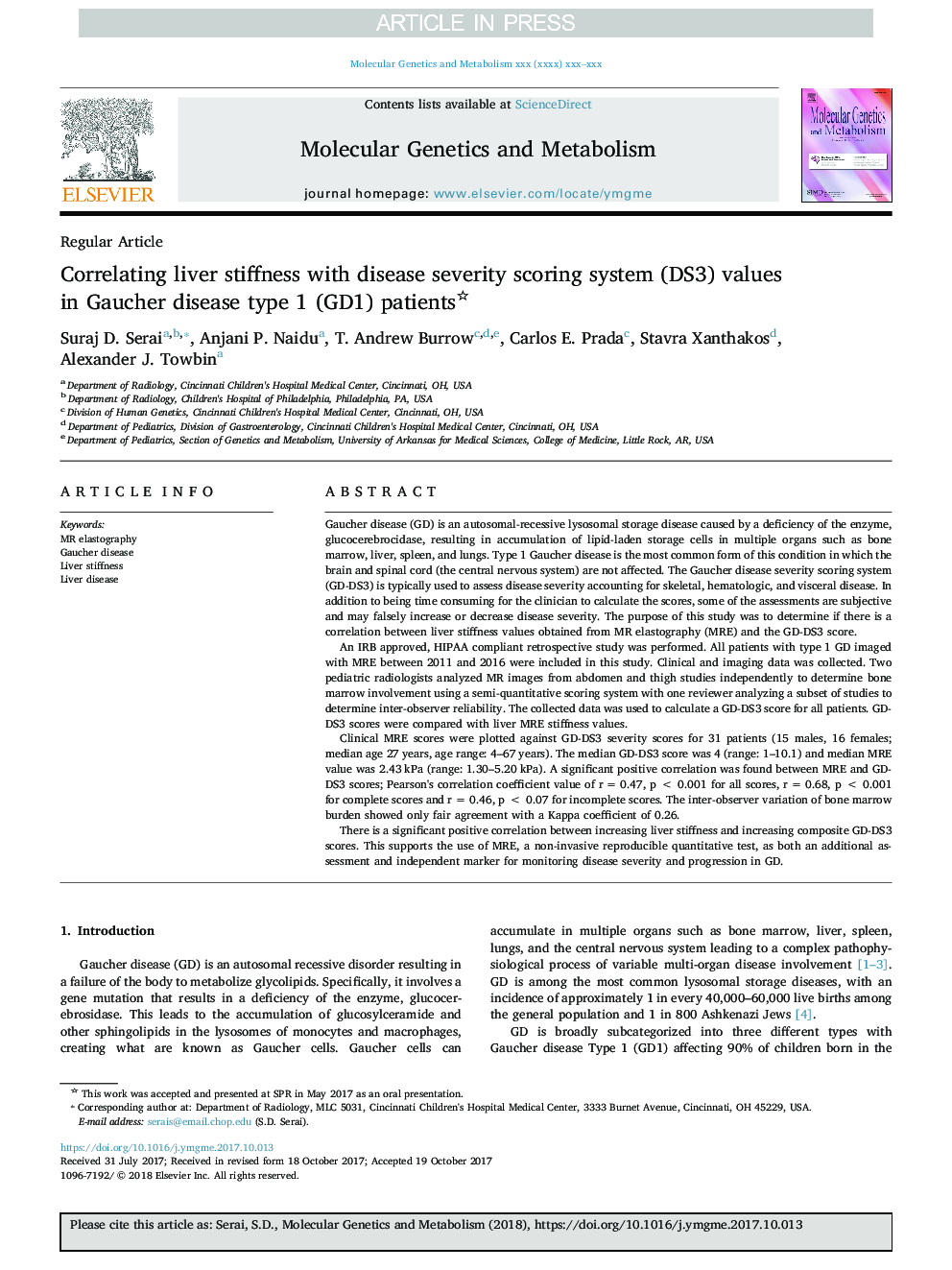 Correlating liver stiffness with disease severity scoring system (DS3) values in Gaucher disease type 1 (GD1) patients