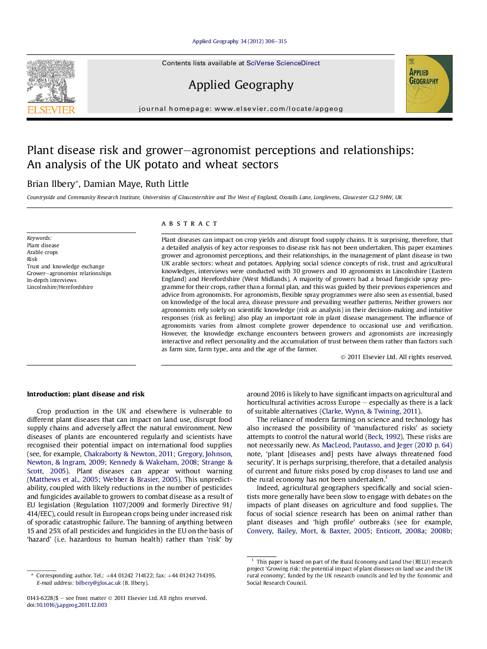 Plant disease risk and grower–agronomist perceptions and relationships: An analysis of the UK potato and wheat sectors