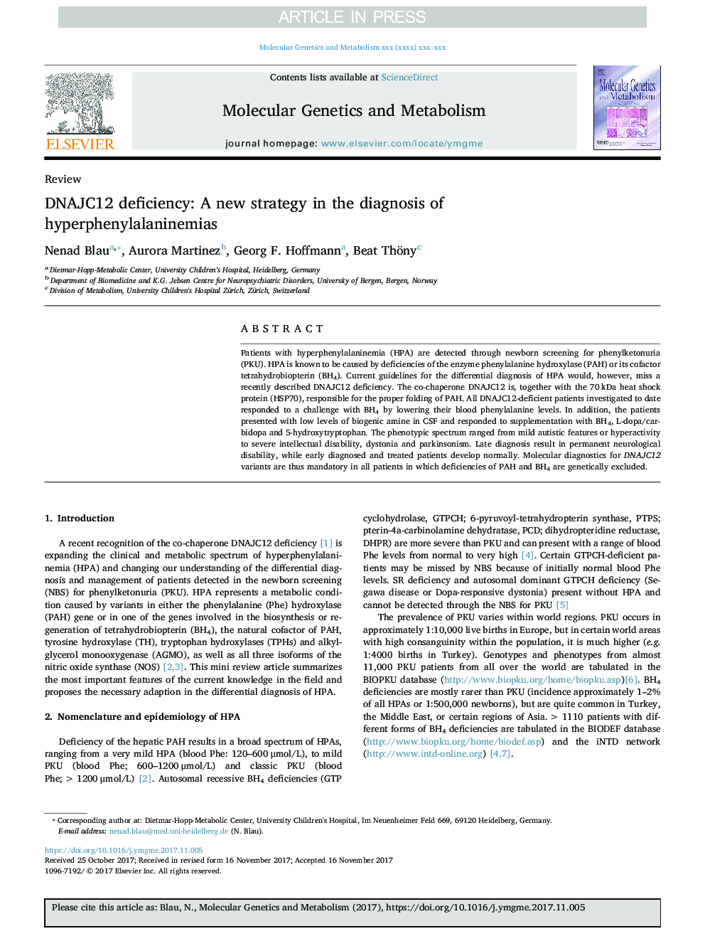 DNAJC12 deficiency: A new strategy in the diagnosis of hyperphenylalaninemias