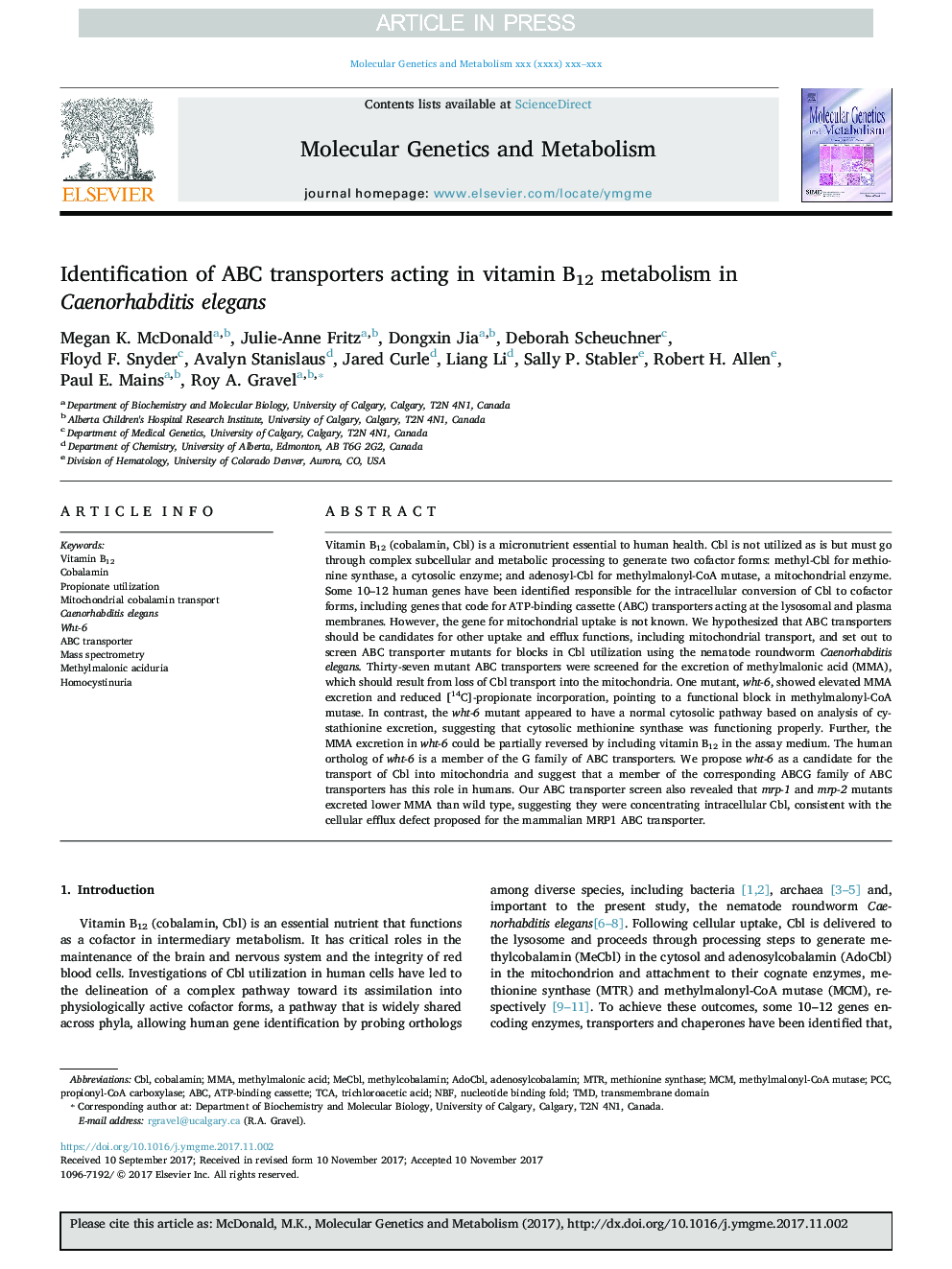 Identification of ABC transporters acting in vitamin B12 metabolism in Caenorhabditis elegans